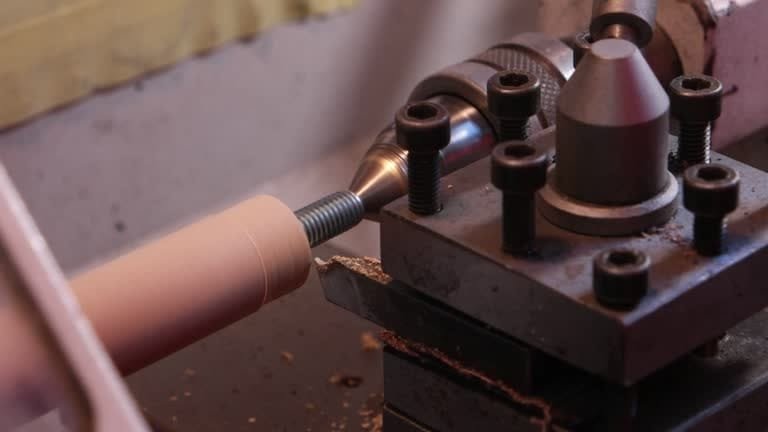 Manual lathe machine cutting thread onto a metal rod.