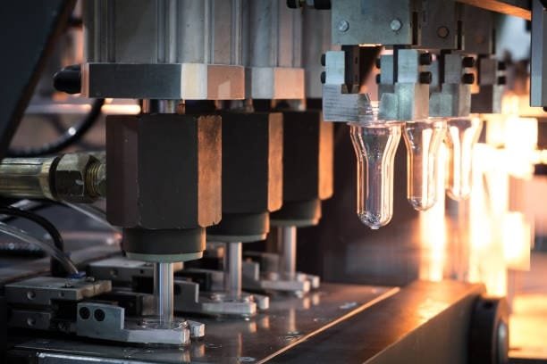 Plastic preforms being molded during the injection molding process in plastic production.
