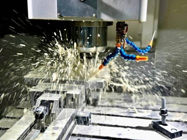 Precision CNC machining with coolant used for contracted custom part production