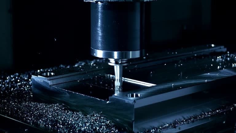 Precision CNC milling machine operating in a controlled dark environment.
