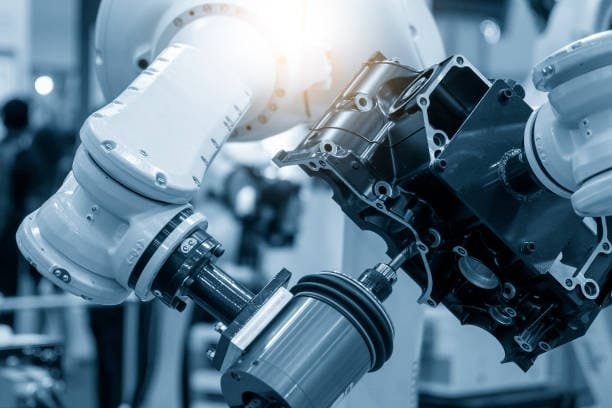 Robotic CNC system assembling an automotive engine part.