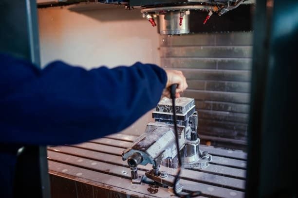 Setting up CNC machine for custom parts manufacturing under CNC machining service contract