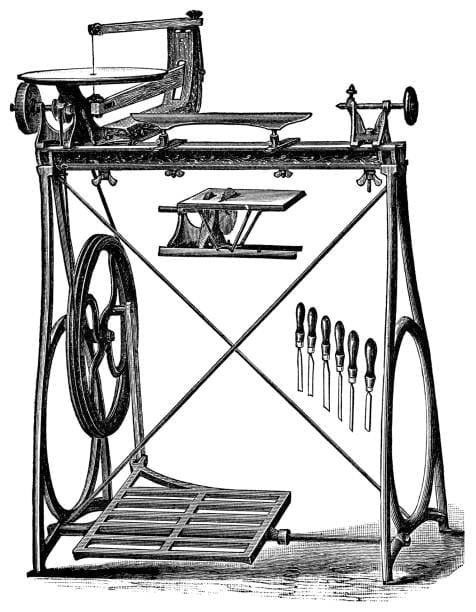 Vintage lathe machine illustration showing different types of cutting tools.