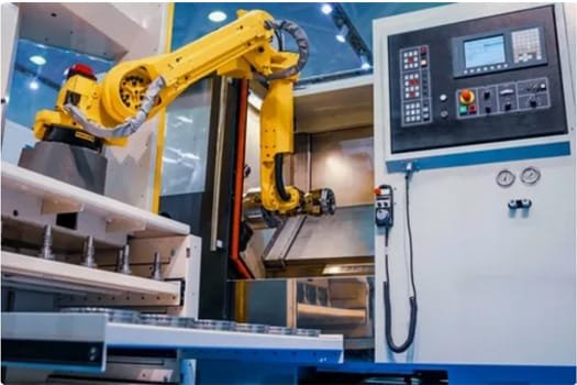Robotic arm operating a CNC machining center for automated, large-scale part production