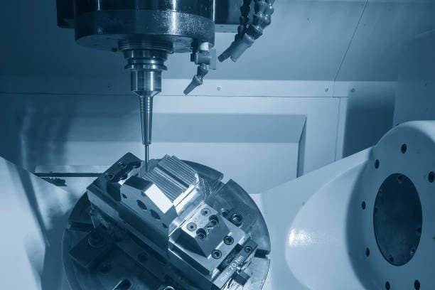 5-axis CNC machine milling a workpiece set at an angle for complex surface machining.