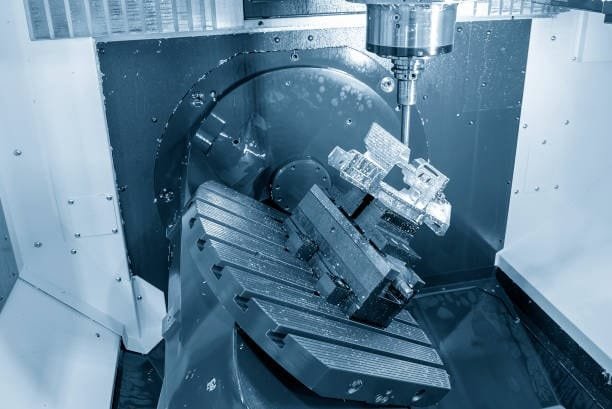 CNC machining center with a rotating table and mounted part for complex 5-axis milling.