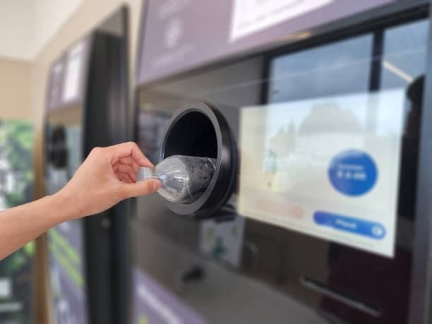 Close-up of plastic bottle being inserted into a recycling return system