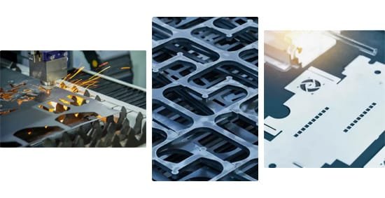 Collage showing laser cutting sparks, nested sheet metal parts, and formed sheet metal components