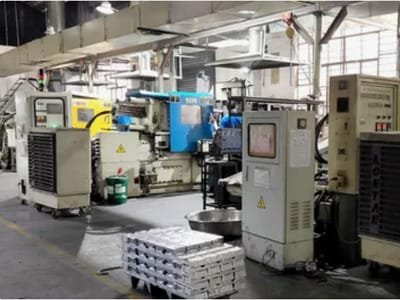 Die casting machines and stacks of aluminum ingots in a factory workshop
