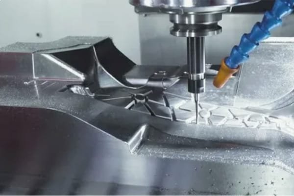 CNC milling cutter carving an aluminum mold cavity for injection molding
