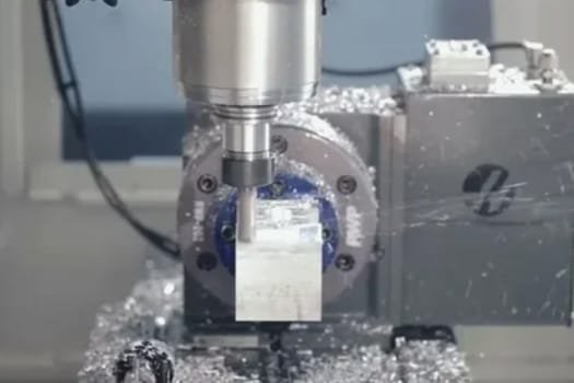 Five-axis CNC milling cutter machining a metal block with metal chips around