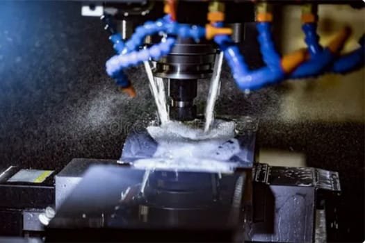 EDM wire-cut machine using dielectric fluid to etch and cut a metal component with intricate detail
