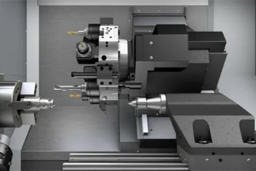 Swiss-style lathe with synchronized tool and workpiece movement machining a slender metal part