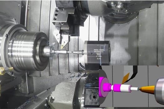 CNC grinding machine performing ultra-precise grinding on a cylindrical metal workpiece