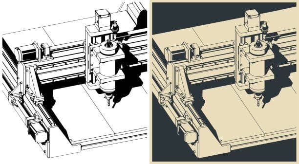 Technical sketch showing a CNC 3-axis machine from two different design perspectives.