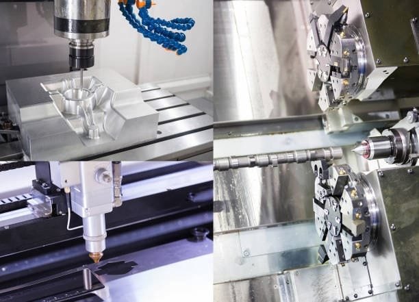 Industrial CNC processes including vertical milling, laser cutting, and lathe turning.