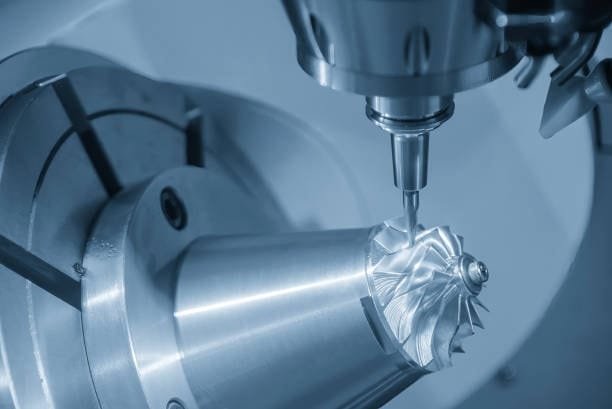 Multi-axis CNC machine machining a turbine blade with intricate curved surfaces.