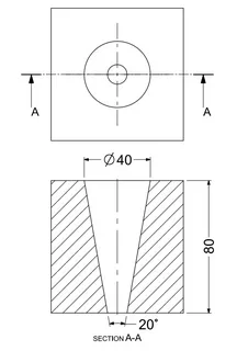 Section view of a conical hole with 20 degree taper and 40 mm diameter
