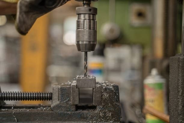 Drill press machine cutting a metal block held in a vice during a standard machining operation.