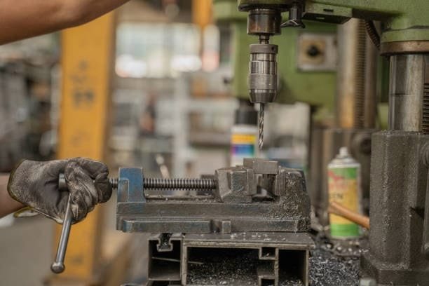 Close-up of a drill press setup using a hand crank to secure the part for vertical drilling.