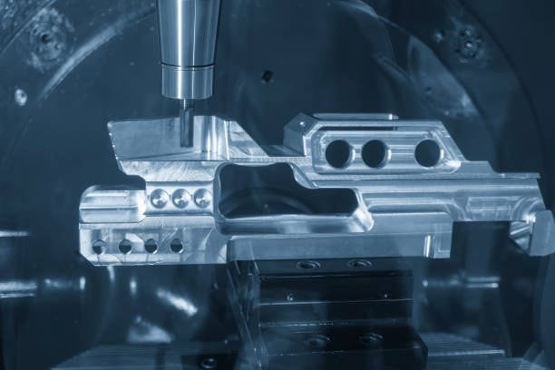 High-precision CNC machine using multi-axis movement to create detailed cuts on a metal piece.