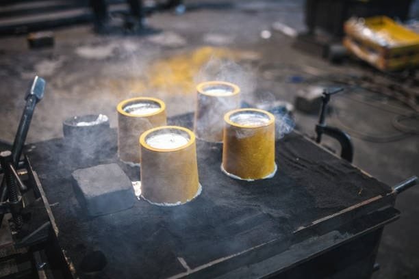 Multiple cast molds cooling with visible steam in foundry environment