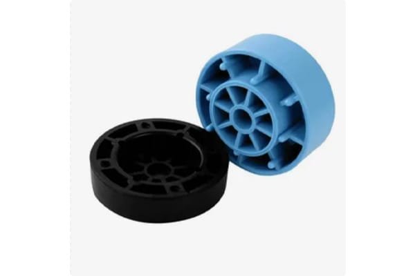 Black plastic wheel housing with blue soft overmold layer for enhanced grip