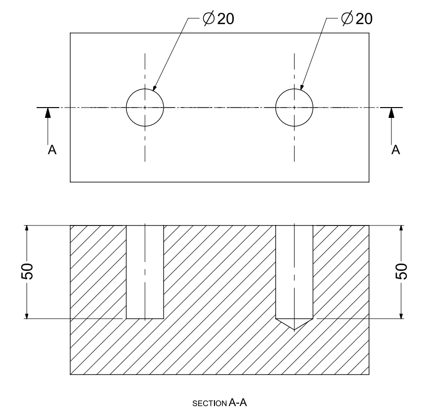 Engineering section showing difference between flat-bottom and pointed-end holes