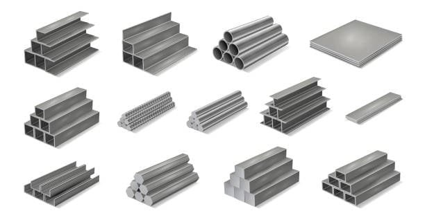 Different stainless steel shapes including tubes, bars, rods, and sheets arranged to show common industrial forms.