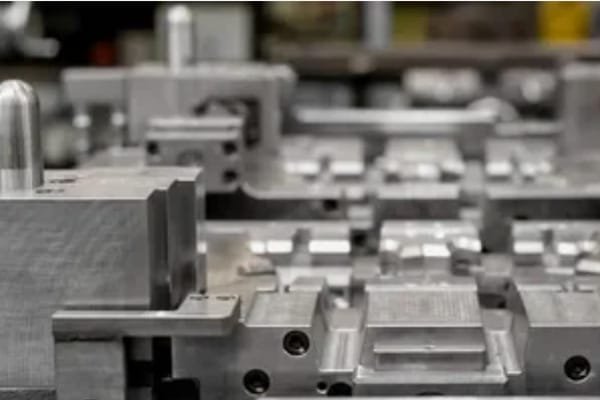 Close-up of multiple steel injection mold blocks with machined cavities for precision molding