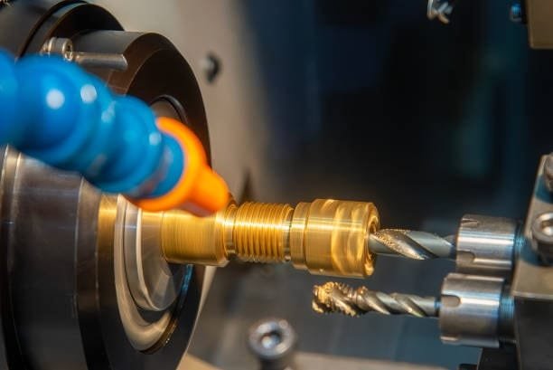Swiss-type CNC machine turning a precision brass part with simultaneous tooling.