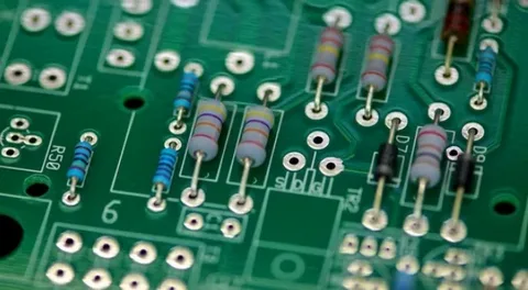 Through holes in a green PCB with resistors and components mounted