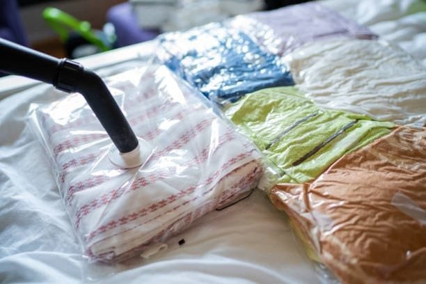 Plastic vacuum bags compressing items using molded sealing technology