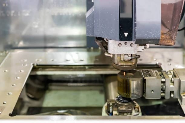 Wire EDM cutting gear component in a high-precision environment