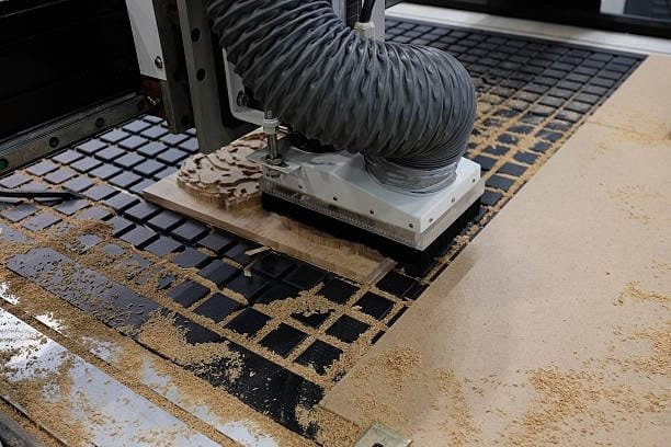 Woodworking CNC router using vacuum table with grid pattern and MDF workpiece